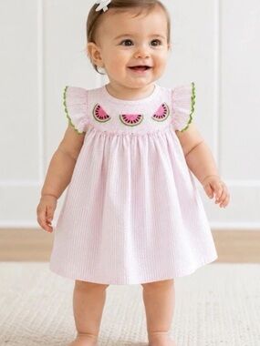 LK NW Boutique Classic Whimsy Smocked Watermelon Dress 12M Pink Seersucker
